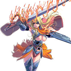 Rule 34 | 1girl, armor, armored dress, ascot, blonde hair, blue eyes, boots, breasts, cape, eyepatch, fire, flaming sword, flaming weapon, jeanne d&#039;arc, knight, kouno (masao), large breasts, long hair, looking at viewer, armored boots, metal gloves, original, shield, solo, thigh boots, thighhighs, thighs, underboob