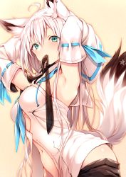 Rule 34 | 1girl, absurdres, ahoge, animal ear fluff, animal ears, aqua eyes, armpits, arms up, black ribbon, black shorts, braid, breasts, closed mouth, clothes pull, collarbone, commentary request, detached sleeves, fox ears, fox girl, fox tail, green eyes, hair between eyes, highres, holding, holding own hair, hololive, long hair, looking at viewer, mouth hold, navel, open mouth, ribbon, ribbon in mouth, shirakami fubuki, shirakami fubuki (1st costume), shirt, shorts, shorts pull, sleeveless, sleeveless shirt, solo, star (symbol), sukemyon, tail, tying hair, very long hair, virtual youtuber, white hair, white shirt