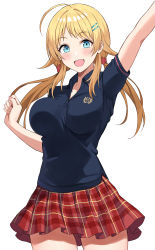 Rule 34 | ahoge, arm up, asato (fadeless), black shirt, blonde hair, blue eyes, blush, breasts, checkered clothes, checkered skirt, clenched hand, commentary request, eyelashes, hachimiya meguru, hair ornament, hairclip, hand up, highres, idolmaster, idolmaster shiny colors, large breasts, looking at viewer, low twintails, open mouth, red scrunchie, red skirt, scrunchie, shirt, short sleeves, simple background, skirt, smile, solo, thighs, twintails, white background, wing collar