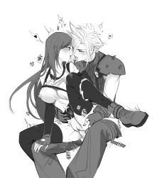 Rule 34 | 1boy, 1girl, armor, bare shoulders, bite mark, blush, boots, breasts, clothes lift, cloud strife, couple, duoj ji, eye contact, final fantasy, final fantasy vii, final fantasy vii remake, fingerless gloves, gloves, greyscale, hand on another&#039;s face, hand on another&#039;s stomach, heart, hetero, highres, large breasts, leg up, long hair, looking at another, monochrome, nipples, open mouth, panties, panties around leg, ribbed sweater, saliva, saliva trail, sex, shirt lift, shoulder armor, sitting, sitting on lap, sitting on person, spiked hair, spoken heart, sports bra, sports bra lift, sweater, swept bangs, tank top, thighhighs, tifa lockhart, tongue, tongue out, turtleneck, turtleneck sweater, undershirt, underwear, white background