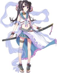Rule 34 | 1girl, bicchuutakamatsu (oshiro project), breasts, brown hair, cleavage, double bun, fingerless gloves, full body, gloves, hair ornament, holding, holding sword, holding weapon, katana, kazune (baumkuchen), long hair, oshiro project:re, oshiro project:re, pleated skirt, purple eyes, skirt, sleeveless, small breasts, solo, sword, transparent background, twintails, weapon