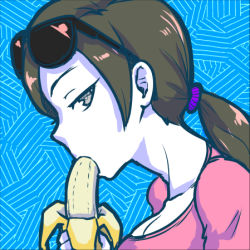 Rule 34 | 1girl, akairiot, banana, black hair, breasts, cleavage, colored skin, eating, eyewear on head, food, fruit, long hair, low ponytail, lowres, nintendo, ponytail, scrunchie, sexually suggestive, sunglasses, super smash bros., white skin, wii fit, wii fit trainer, wii fit trainer (female)