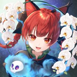 Rule 34 | 1girl, :d, animal ears, aura, black bow, black dress, bow, braid, cat ears, cat tail, commentary request, dress, flower, hair bow, highres, kaenbyou rin, looking at viewer, momoshiki tsubaki, open mouth, pointy ears, red eyes, red hair, skull, smile, solo, tail, touhou, twin braids, twintails, upper body, white flower