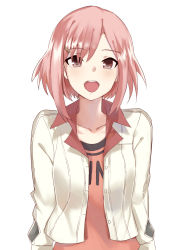 Rule 34 | 10s, 1girl, :d, arms at sides, asymmetrical bangs, blush, buttons, clothes writing, collarbone, hair ornament, hairclip, highres, jacket, koharu yoshino, long hair, long sleeves, looking at viewer, norman maggot, open clothes, open jacket, open mouth, pink hair, red eyes, round teeth, sakura quest, short hair, simple background, smile, solo, teeth, unbuttoned, upper body, white background, white jacket