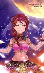 Rule 34 | 10s, 1girl, ahoge, arabian clothes, armlet, artist name, artist request, bare shoulders, blush, braid, crop top, dancer, detached sleeves, earrings, female focus, head chain, highres, jewelry, jyon, long hair, looking at viewer, love live!, love live! school idol festival, love live! sunshine!!, moon, navel, necklace, night, night sky, outstretched arms, parted lips, puffy sleeves, red hair, sakurauchi riko, sash, see-through, see-through sleeves, short hair, showgirl skirt, single braid, sky, sleeveless, smile, solo, yellow eyes