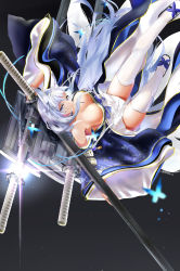 Rule 34 | 1girl, animal ear fluff, artist name, azur lane, black background, blue butterfly, blue eyes, breasts, bug, butterfly, cleavage, detached collar, falling, feet out of frame, highres, holding, holding weapon, huge weapon, insect, japanese clothes, kimono, kitsune, kyuubi, large breasts, long hair, looking at viewer, multiple swords, multiple tails, off shoulder, okame. (okame124), purple kimono, rigging, sheath, shinano (azur lane), simple background, skirt, solo, tail, thighhighs, unsheathing, very long hair, weapon, white hair, white skirt, white thighhighs, wide sleeves