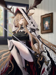 Rule 34 | 1girl, absurdres, animal ears, antlers, antlers through hood, arknights, black dress, blonde hair, blue eyes, breasts, closed mouth, cranes (hiroro1), dress, ears through headwear, ears through hood, hair between eyes, highres, holding, holding sword, holding weapon, horns, indoors, large breasts, leg armor, leg up, long hair, looking at viewer, moose antlers, moose ears, moose girl, pantyhose, portrait (object), solo, sword, twitter username, very long hair, viviana (arknights), weapon, white hood, white pantyhose, window