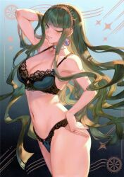 Rule 34 | 1girl, absurdres, aqua eyes, arm behind head, arm up, bare shoulders, blush, bow, bow panties, bra, breasts, choker, cleavage, cleopatra (fate), collarbone, earrings, fate/grand order, fate (series), gradient background, grey hair, hairband, hand on own hip, highleg, highleg panties, highres, jewelry, large breasts, lingerie, long hair, looking at viewer, mashuu (neko no oyashiro), navel, one eye closed, panties, parted lips, ribbon, ring, scan, simple background, smile, solo, stomach, thighs, underwear
