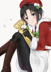 Rule 34 | 1girl, antenna hair, ass, bag, beret, black eyes, black gloves, black hair, black pantyhose, blush, bob cut, boots, bow, brown footwear, commentary, from side, fur trim, gloves, green bow, hat, heart, highres, holding, holding bag, holly, idolmaster, idolmaster (classic), idolmaster 2, idolmaster million live!, idolmaster million live! theater days, jacket, kikuchi makoto, knee boots, knees up, leggings, light blush, light smile, looking at viewer, looking to the side, mogskg, pantyhose, pom pom (cheerleading), pom pom (clothes), red hat, red jacket, santa costume, short hair, simple background, sitting, skirt, solo, white background, white fur, white skirt