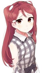Rule 34 | 10s, alternate hairstyle, bad id, bad pixiv id, bow, collared shirt, hair ornament, hairclip, highres, love live!, love live! sunshine!!, plaid, plaid vest, red hair, sakurauchi riko, shirt, simple background, solo, totoki86, vest, white background, yellow eyes