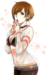 Rule 34 | 1girl, bra, breasts, brown eyes, brown hair, cleavage, hair ornament, hairclip, long sleeves, looking at viewer, meiko (vocaloid), nail polish, navel, own hands together, project diva (series), red nails, see-through, short hair, sketch, solo, toyu, underboob, underwear, vocaloid, whistle, white background