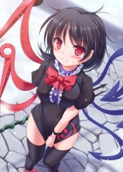 Rule 34 | 1girl, asymmetrical wings, black dress, black hair, black thighhighs, blush, bow, covering privates, covering crotch, dress, dress tug, highres, houjuu nue, looking at viewer, lzh, messy hair, polearm, red eyes, short dress, short sleeves, snake, solo, thighhighs, thighs, touhou, trident, undersized clothes, wavy mouth, weapon, wings, zettai ryouiki