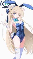 Rule 34 | 1girl, animal ears, blonde hair, blue archive, blue bow, blue bowtie, blue eyes, blush, bow, bowtie, breasts, closed mouth, detached collar, fake animal ears, fake tail, groin, heart, highres, long hair, looking at viewer, medium breasts, official alternate costume, one eye closed, rabbit ears, rabbit tail, sateto (user knrf2332), simple background, solo, tail, thighhighs, toki (blue archive), toki (bunny) (blue archive), white background, white thighhighs, wrist cuffs
