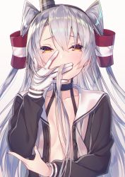 Rule 34 | 1girl, amatsukaze (kancolle), brown dress, brown eyes, collarbone, covering own mouth, dress, flat chest, gloves, gradient background, grey background, hair between eyes, hair tubes, kantai collection, long hair, looking at viewer, no bra, open clothes, open dress, sailor dress, silver hair, single glove, solo, tahya, two side up, upper body, white gloves