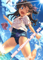Rule 34 | 1girl, ;d, bird, blue eyes, blue sky, brown hair, cloud, day, dutch angle, feet, gym shorts, gym uniform, hair ribbon, long hair, no shoes, ocean, one-piece swimsuit, one eye closed, open mouth, original, pairan, ribbon, school swimsuit, seagull, shirt, shorts, unworn shorts, sky, smile, sock pull, socks, solo, splashing, sun, swimsuit, swimsuit under clothes, twintails, two side up, undressing, wading, white socks, wink