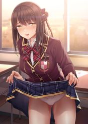 Rule 34 | 1girl, bad id, bad twitter id, blue skirt, blush, bow, bowtie, brown eyes, brown hair, brown jacket, classroom, clothes lift, commentary request, desk, hair bow, hip focus, idolmaster, idolmaster cinderella girls, indoors, jacket, lifted by self, long hair, love letter (idolmaster), one side up, open mouth, panties, pink check school, plaid, plaid bow, plaid bowtie, plaid neckwear, plaid skirt, red bow, red bowtie, school, school desk, shimamura uzuki, skirt, skirt lift, smile, solo, thighs, umihotaru harumare, underwear, white panties, window