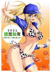 Rule 34 | 1girl, 2021, :d, animal print, artist name, artoria pendragon (fate), baseball cap, bikini, blonde hair, blue eyes, blue hat, blue jacket, breast tattoo, breasts, chinese zodiac, commentary, cow print, cowboy shot, fate/grand order, fate (series), floral background, gradient background, hair through headwear, happy new year, hat, highres, jacket, kiriya (aprikose 0312), kotoyoro, large breasts, long hair, long sleeves, looking at viewer, mysterious heroine x (fate), mysterious heroine xx (fate), navel, new year, open mouth, orange background, outline, ponytail, print bikini, shrug (clothing), side-tie bikini bottom, sidelocks, signature, skindentation, smile, solo, standing, swimsuit, tattoo, translated, v, white bikini, white outline, wristband, year of the ox