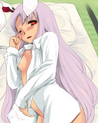 Rule 34 | 1girl, animal ears, blush, bottomless, d;, dress shirt, female focus, futon, indoors, light purple hair, long hair, looking at viewer, lying, naked shirt, no panties, on bed, on side, one eye closed, open clothes, open mouth, open shirt, petite, pillow, rabbit ears, red eyes, reisen udongein inaba, rubbing eyes, shirt, sleepy, solo, straight hair, tatami, tearing up, touhou, very long hair, wink, yuu (kfc)