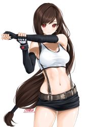 Rule 34 | 1girl, bare shoulders, black gloves, black skirt, breasts, brown hair, chaesu, cowboy shot, crop top, elbow gloves, final fantasy, final fantasy vii, fingerless gloves, gloves, highres, long hair, looking at viewer, low-tied long hair, medium breasts, midriff, miniskirt, navel, pencil skirt, red eyes, simple background, skirt, smile, solo, square enix, standing, stomach, stretching, suspenders, tank top, thighs, tifa lockhart, very long hair, white background, white tank top