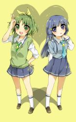 Rule 34 | 10s, 2girls, aoki reika, blue eyes, blue hair, blue necktie, blush, green eyes, green hair, green necktie, green sweater vest, hair ribbon, hair tubes, highres, long hair, looking at viewer, looking up, midorikawa nao, multiple girls, necktie, open mouth, ponytail, precure, prussian blue, ribbon, short hair, skirt, sleeves rolled up, smile, smile precure!, sweater vest, v