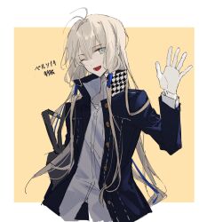 Rule 34 | 1boy, bag, black jacket, blonde hair, copyright name, fate/grand order, fate (series), hair between eyes, hair tubes, highres, jacket, long hair, long sleeves, looking at viewer, male focus, noah (fate), one eye closed, open clothes, open jacket, open mouth, persona, persona 4, sherry 0014, shirt, simple background, sketch, solo, two-tone background
