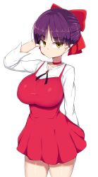 Rule 34 | 1girl, absurdres, alternate breast size, blush, bow, breasts, choker, dress, gegege no kitarou, hair bow, highres, large breasts, long sleeves, looking at viewer, nekomusume, nekomusume (gegege no kitarou 6), pointy ears, purple hair, red bow, red choker, red dress, sawati, shirt, short hair, simple background, solo, standing, white background, white shirt, yellow eyes