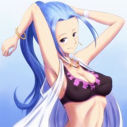 Rule 34 | 1girl, armpits, arms up, blue background, blue hair, bonnie (rsg), bracelet, breasts, cleavage, closed mouth, collarbone, covered erect nipples, gradient background, hair intakes, high ponytail, jewelry, long hair, looking at viewer, medium breasts, midriff, navel, necklace, nefertari vivi, one piece, purple eyes, sideboob, sidelocks, smile, solo, stomach, upper body, very long hair, white background