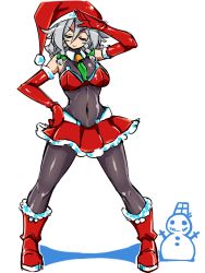 Rule 34 | 1girl, adapted costume, bare shoulders, between breasts, bodysuit, boots, breasts, closed eyes, covered navel, detached sleeves, full body, fur boots, fur trim, hair between eyes, hat, highres, izayoi sakuya, midriff, necktie, necktie between breasts, red footwear, santa boots, santa costume, santa hat, short hair, silver hair, simple background, smile, solo, tajima yuuki, touhou, white background