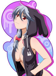 Rule 34 | 1girl, animal ears, bad id, bad pixiv id, bare shoulders, bow, breasts, cleavage, embodiment of scarlet devil, female focus, gradient background, grey hair, hair bow, hands in pockets, hayashi custom, hood, hoodie, izayoi sakuya, jacket, open clothes, open jacket, rabbit ears, rabbit tail, red eyes, solo, tail, touhou, upper body