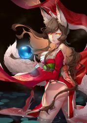 Rule 34 | 1girl, ahri (league of legends), animal ears, ass, bare shoulders, black hair, breasts, detached sleeves, eyeliner, female focus, fingernails, fox ears, highres, korean clothes, large breasts, league of legends, long fingernails, long hair, makeup, mole, mole under eye, obi, qi1san, sash, slit pupils, solo, thong, wading, wide sleeves, yellow eyes