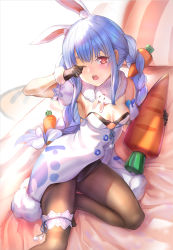 Rule 34 | 1girl, animal ear fluff, animal ears, armpits, bare shoulders, bed sheet, black gloves, black leotard, blue hair, blush, bow, braid, breasts, brown pantyhose, carrot hair ornament, commentary request, detached sleeves, don-chan (usada pekora), dress, eyebrows hidden by hair, feet out of frame, food-themed hair ornament, fur-trimmed gloves, fur trim, gloves, hair bow, hair ornament, hand up, himonoata, hololive, leotard, long hair, medium breasts, multicolored hair, no shoes, one eye closed, open mouth, pantyhose, pillow, puffy short sleeves, puffy sleeves, rabbit ears, red eyes, rubbing eyes, short sleeves, sleepy, strapless, strapless dress, strapless leotard, thick eyebrows, twin braids, twintails, two-tone hair, usada pekora, usada pekora (1st costume), very long hair, virtual youtuber, waking up, white background, white bow, white dress, white hair, white sleeves