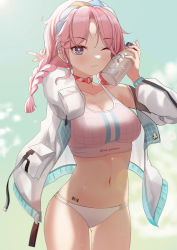 Rule 34 | 1girl, absurdres, arknights, blue eyes, blue poison (arknights), blue poison (shoal beat) (arknights), blush, bottle, braid, breasts, character name, chinese commentary, choker, collarbone, commentary request, cowboy shot, earrings, gluteal fold, hairband, hands up, highres, holding, holding bottle, jacket, jewelry, large breasts, long hair, long sleeves, looking at viewer, navel, official alternate costume, one eye closed, panties, parted bangs, pink choker, pink hair, solo, sports bra, standing, stomach, takeawatch, twin braids, underwear, white jacket, white panties