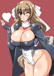 Rule 34 | 1girl, aoi kimi, artist request, blowing kiss, blush, breasts, brown hair, cleavage, female focus, fingerless gloves, gloves, heart, kyoukaisenjou no horizon, large breasts, legs, long hair, looking at viewer, one eye closed, simple background, solo, very long hair, wide hips, wink
