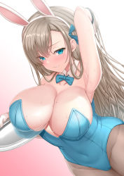 Rule 34 | 1girl, adjusting hair, akino hamo, animal ears, arm up, armpits, asuna (blue archive), asuna (bunny) (blue archive), bare shoulders, black pantyhose, blue archive, blue eyes, blush, bow, bowtie, breast rest, breasts, cleavage, commentary request, covered navel, cowboy shot, detached collar, dutch angle, fake animal ears, gloves, gradient background, hair over one eye, highres, large breasts, leotard, long hair, looking at viewer, mole, mole on breast, pantyhose, playboy bunny, rabbit ears, simple background, smile, solo, traditional bowtie, tray, wet, white gloves