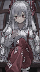 Rule 34 | 1girl, absurdres, arm support, bags under eyes, bow, buttons, cigarette, collared shirt, commentary, fang, feet out of frame, fingernails, fujiwara no mokou, grey hair, hair between eyes, hair bow, highres, hisha (kan moko), holding, holding cigarette, juliet sleeves, long hair, long sleeves, looking at viewer, ofuda, ofuda on clothes, open mouth, pants, puffy sleeves, red eyes, red pants, shirt, sidelocks, sitting, sleeve cuffs, solo, suspenders, teeth, tongue, touhou, very long hair, white bow, white shirt