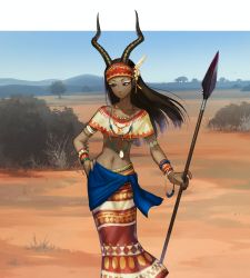 Rule 34 | 1girl, african clothes, black eyes, black hair, bracelet, breasts, capelet, closed mouth, dark-skinned female, dark skin, gazelle horns, hand on own hip, holding, holding polearm, holding weapon, horns, jewelry, long hair, long horns, long skirt, mullmull02, navel, necklace, original, outdoors, polearm, sarong, savannah, skirt, solo, spear, standing, underboob, weapon, wristband