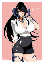 1girl arm_behind_back au_ra black_hair black_skirt breasts brown_eyes character_name cleavage closed_mouth commission dragon_horns english_text eyebrows_hidden_by_hair final_fantasy final_fantasy_xiv hair_between_eyes horns large_breasts long_hair looking_at_viewer minchia office_lady one_eye_closed pink_background ponytail sapphira_nyx scales shirt simple_background skeb_commission skirt smile solo very_long_hair warrior_of_light_(ff14) white_shirt