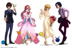Rule 34 | athrun zala, blonde hair, blue eyes, blue hair, bouquet, brother and sister, brown eyes, brown hair, cagalli yula athha, dress, flower, formal, green eyes, gundam, gundam seed, gundam seed destiny, hair ornament, haro, highres, holding, holding bouquet, japanese clothes, kimono, kira yamato, lacus clyne, official alternate costume, official art, pants, pink dress, pink hair, pink kimono, purple eyes, short hair, siblings, smile, suit, suspenders, yellow dress, yellow eyes
