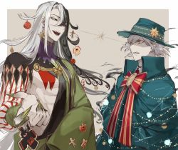 Rule 34 | 2boys, absurdres, ashiya douman (fate), asymmetrical clothes, asymmetrical hair, bell, black eyes, black hair, cape, christmas, christmas ornaments, curly hair, earrings, edmond dantes (fate), eye contact, eyeshadow, fate/grand order, fate (series), fedora, fingernails, green eyeshadow, green kimono, green lips, green nails, hair bell, hair between eyes, hair intakes, hair ornament, hat, highres, japanese clothes, jewelry, kimono, lipstick, long hair, looking at another, magatama, magatama earrings, makeup, male focus, mg (ehme3725), multicolored hair, multiple boys, nail polish, onmyouji, open clothes, open kimono, open mouth, pectorals, ribbed sleeves, sharp fingernails, shikigami, simple background, split-color hair, toned, toned male, two-tone hair, upper body, very long fingernails, very long hair, white hair, yellow eyes