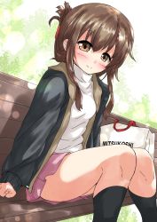 Rule 34 | 1girl, bag, bench, black jacket, black socks, brown eyes, brown hair, commentary request, dutch angle, folded ponytail, highres, inazuma (kancolle), jacket, kantai collection, long hair, looking at viewer, mitsukoshi (department store), nukoyarou, pink skirt, pleated skirt, shopping bag, skirt, socks, solo