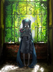 Rule 34 | 1girl, absurdly long hair, absurdres, aqua hair, barefoot, blue eyes, blush, bouquet, brick wall, collarbone, dress, flower, frilled dress, frills, hair between eyes, hatsune miku, highres, holding, holding bouquet, long hair, long sleeves, looking at viewer, open window, plant, rerendi, ribbon, smile, solo, twintails, very long hair, vines, vocaloid, white dress, white ribbon, window
