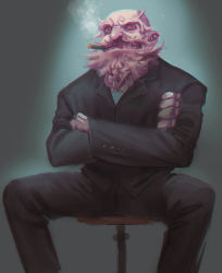 Rule 34 | 1boy, bad id, bad pixiv id, bald, beard, black pants, black shirt, blue shirt, business suit, chair, cigar, crossed arms, dress shirt, facial hair, formal, highres, huang gua, light rays, long sleeves, looking at viewer, male focus, mustache, nose, pants, red eyes, shirt, sitting, smoking, solo, spread legs, stool, suit, touhou, unzan