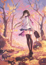 Rule 34 | 1girl, artist name, atdan, autumn, autumn leaves, bag, bare tree, black skirt, black thighhighs, blazer, blue sky, blush, briefcase, brown eyes, brown hair, closed mouth, cloud, evening, fringe trim, from behind, full body, ginkgo leaf, ginkgo tree, hair between eyes, hair ornament, hand up, highres, holding, holding bag, jacket, leaf, loafers, long hair, long sleeves, looking at viewer, looking back, md5 mismatch, miniskirt, original, outdoors, pink scarf, pleated skirt, purple scarf, resolution mismatch, scarf, school bag, school briefcase, school uniform, shoe soles, shoes, signature, skirt, sky, smile, solo, standing, thighhighs, tree, very long hair, walking, white jacket, wind