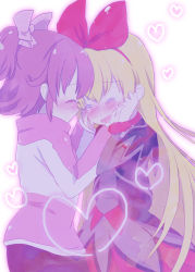 Rule 34 | 2girls, aida mana, aikawa ruru, blonde hair, blush, closed eyes, couple, dokidoki! precure, hairband, hands on another&#039;s cheeks, hands on another&#039;s face, heart, long hair, multiple girls, pink hair, precure, red ribbon, regina (dokidoki! precure), ribbon, short hair, simple background, smile, tears, white background, yuri