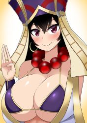 Rule 34 | 1girl, bead necklace, beads, bikini, black hair, blush, breasts, cleavage, earrings, fate/grand order, fate (series), hat, highres, huge breasts, jewelry, large breasts, necklace, purple eyes, smile, solo, swimsuit, the only shoe, xuangzang sanzang (fate)