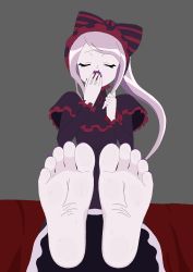 Rule 34 | 1girl, absurdres, barefoot, closed eyes, covering own mouth, feet, foot focus, highres, long hair, mamrrotek, nail polish, open mouth, overlord (maruyama), purple hair, shalltear bloodfallen, soles, solo, toes