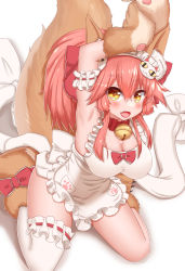 Rule 34 | 1girl, animal collar, animal ear fluff, animal ears, animal hands, apron, armpits, arms up, bell, belt collar, breasts, cat hair ornament, cat paws, cleavage, collar, dot nose, fang, fate/grand order, fate (series), female focus, fox ears, fox girl, fox tail, gloves, hair ornament, highres, horokusa (korai), large breasts, naked apron, neck bell, open mouth, paw gloves, paw shoes, pink hair, ponytail, red collar, shiny skin, simple background, single thighhigh, solo, tail, tamamo (fate), tamamo cat (fate), tamamo cat (third ascension) (fate), thighhighs, white apron, white background, white thighhighs, yellow eyes