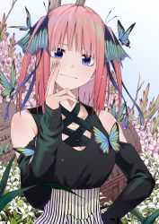 Rule 34 | 1girl, black ribbon, black shirt, blue eyes, blunt bangs, blush, bow, breasts, bug, butterfly, butterfly hair ornament, chicke iii, cleavage cutout, clothing cutout, collarbone, commentary request, cowboy shot, criss-cross halter, eyebrows hidden by hair, fingernails, flower, go-toubun no hanayome, gradient background, hair ornament, hair ribbon, halterneck, hand on own hip, hand up, highres, insect, large breasts, light blush, light smile, long fingernails, long hair, looking at viewer, mixed-language commentary, multicolored nails, nail polish, nakano nino, pink hair, ribbon, shirt, shoulder cutout, skirt, solo, striped bow, striped clothes, striped skirt, tree, two side up, vertical-striped bow, vertical-striped clothes, vertical-striped skirt