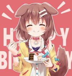 Rule 34 | 1girl, :t, ^ ^, animal collar, animal ears, blue bow, blush, bone hair ornament, bow, bracelet, braid, brown hair, buttons, cake, cartoon bone, chewing, closed eyes, collar, collarbone, commentary, dog ears, dog girl, dog tail, dress, eating, english text, food, fork, hair between eyes, hair ornament, hairclip, happy birthday, highres, holding, holding fork, holding plate, hololive, inugami korone, inugami korone (1st costume), jacket, jewelry, long hair, low twin braids, low twintails, minazuki mizu, nail polish, off-shoulder jacket, off shoulder, plate, raised eyebrows, red background, red bow, red collar, smile, solo, tail, twin braids, twintails, upper body, virtual youtuber, white dress, wristband, yellow jacket, yellow nails