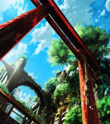 Rule 34 | arch, blue sky, bridge, city, cloud, cloudy sky, day, grass, highres, moss, no humans, nurie (siniariot), original, outdoors, rope, ruins, scenery, sky, torii, tower, tree